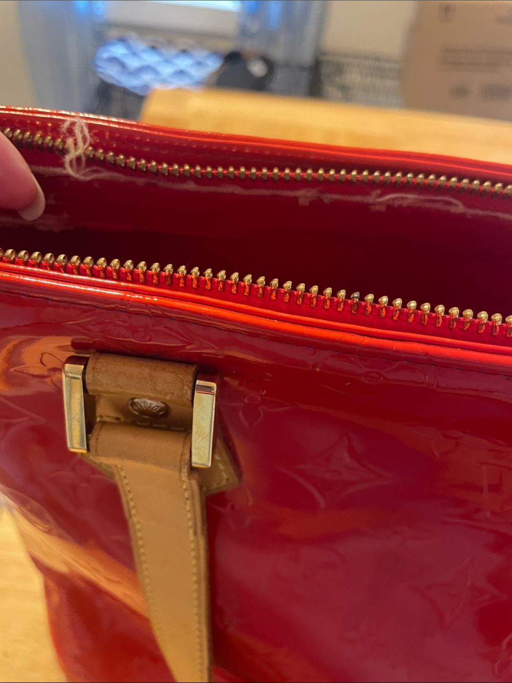 Louis Vuitton Red Vernis Patent Tote with Tan Vachetta Handles - Picture 14 of 15